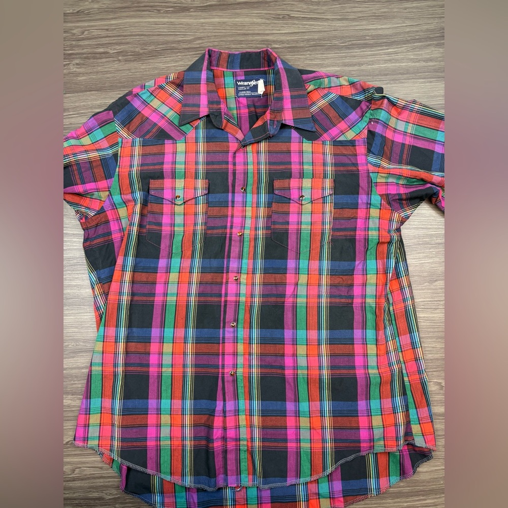 Wrangler Western Pearl Snap Shirt Plaid Short Sleeve 18 Neck